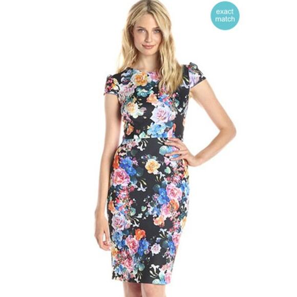 Betsey Johnson Black Floral Sheath Dress Cap Sleeves Knee Length Sz 6 - Picture 1 of 9